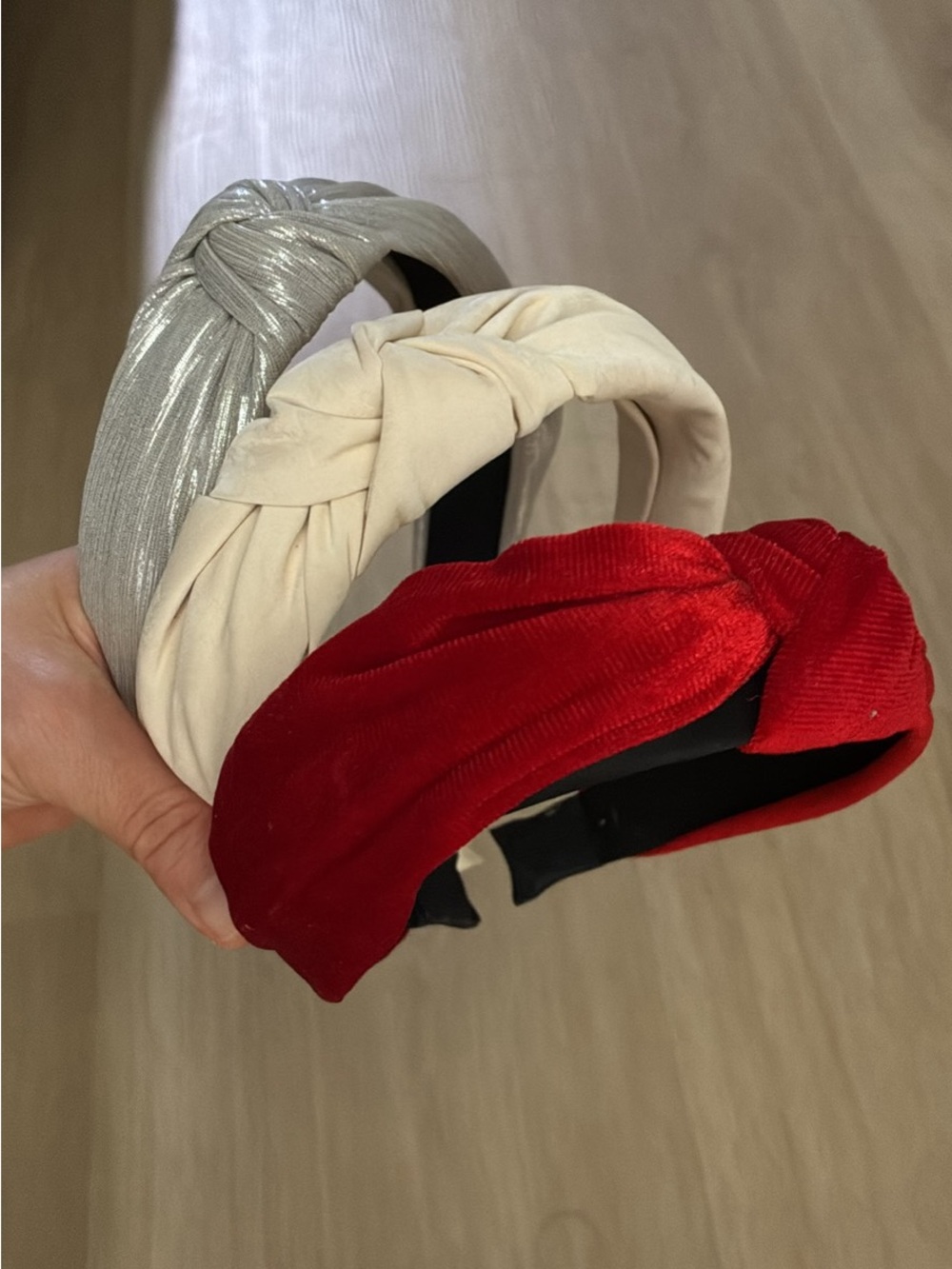 Knot-Twist Velvet and Satin Headband Set - Red, Cream, Silver
